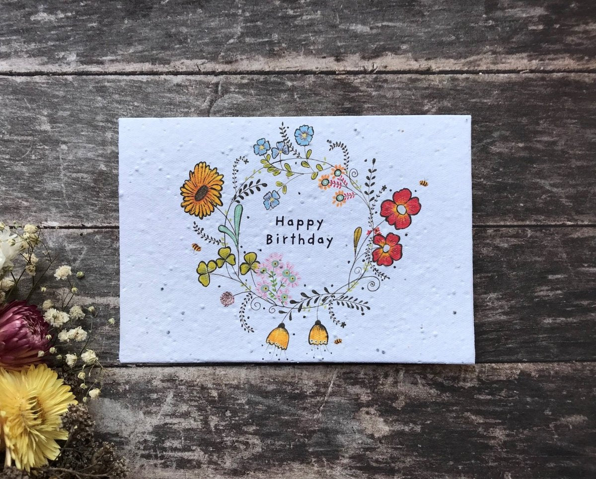 Plantable Seed Paper Birthday Card: Flower Wreath Design - Erika's Whimsical Art
