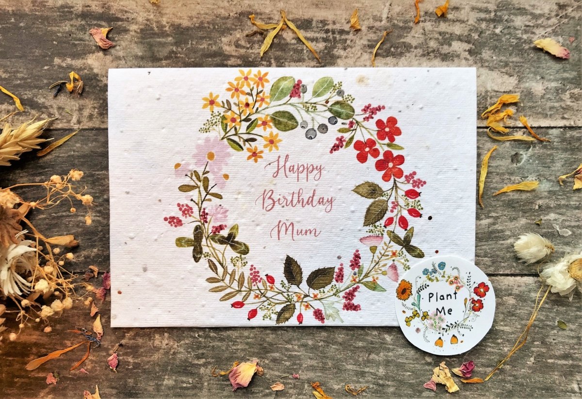 Plantable Seed Paper Birthday Card for Mum: Flower Wreath Design - Erika's Whimsical Art