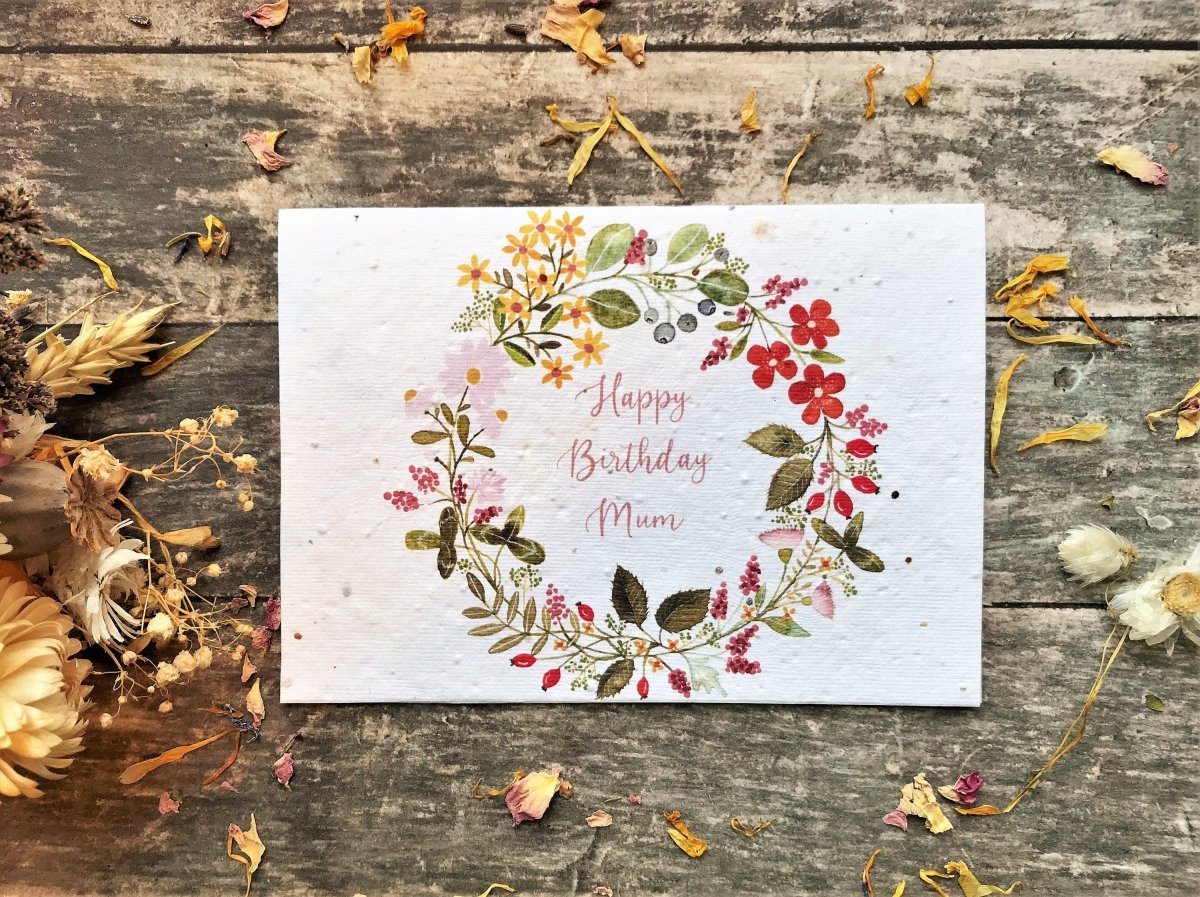 Plantable Seed Paper Birthday Card for Mum: Flower Wreath Design - Erika's Whimsical Art