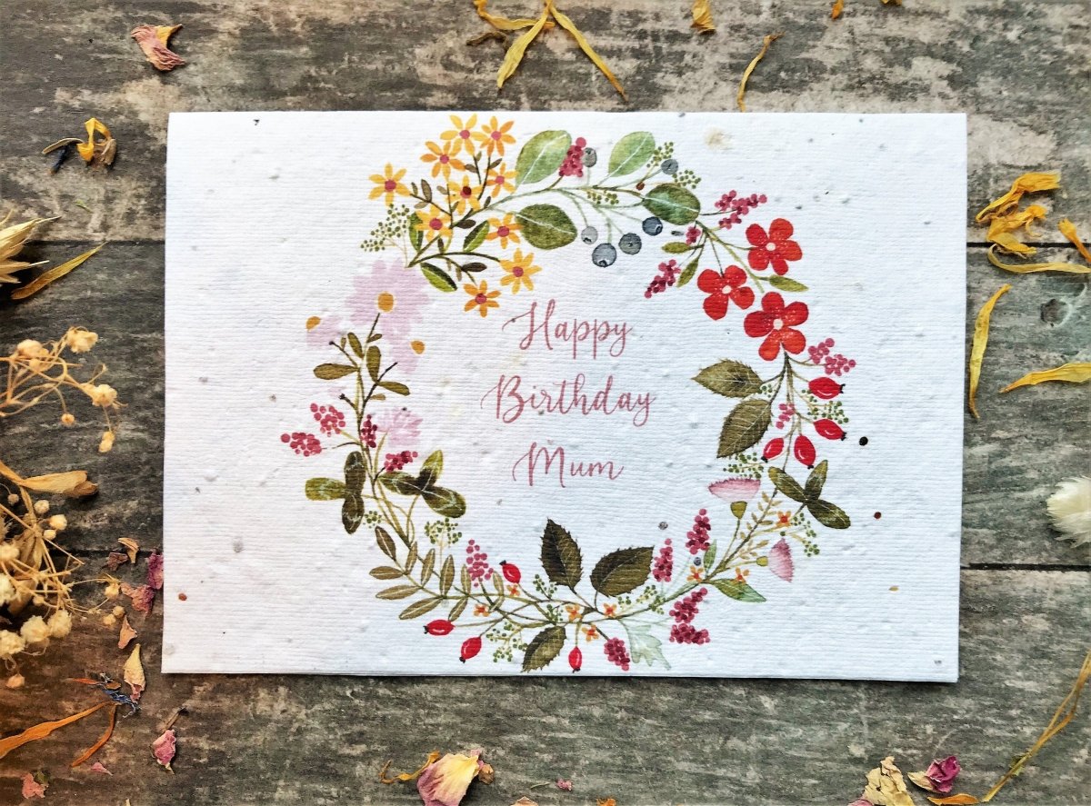 Plantable Seed Paper Birthday Card for Mum: Flower Wreath Design - Erika's Whimsical Art