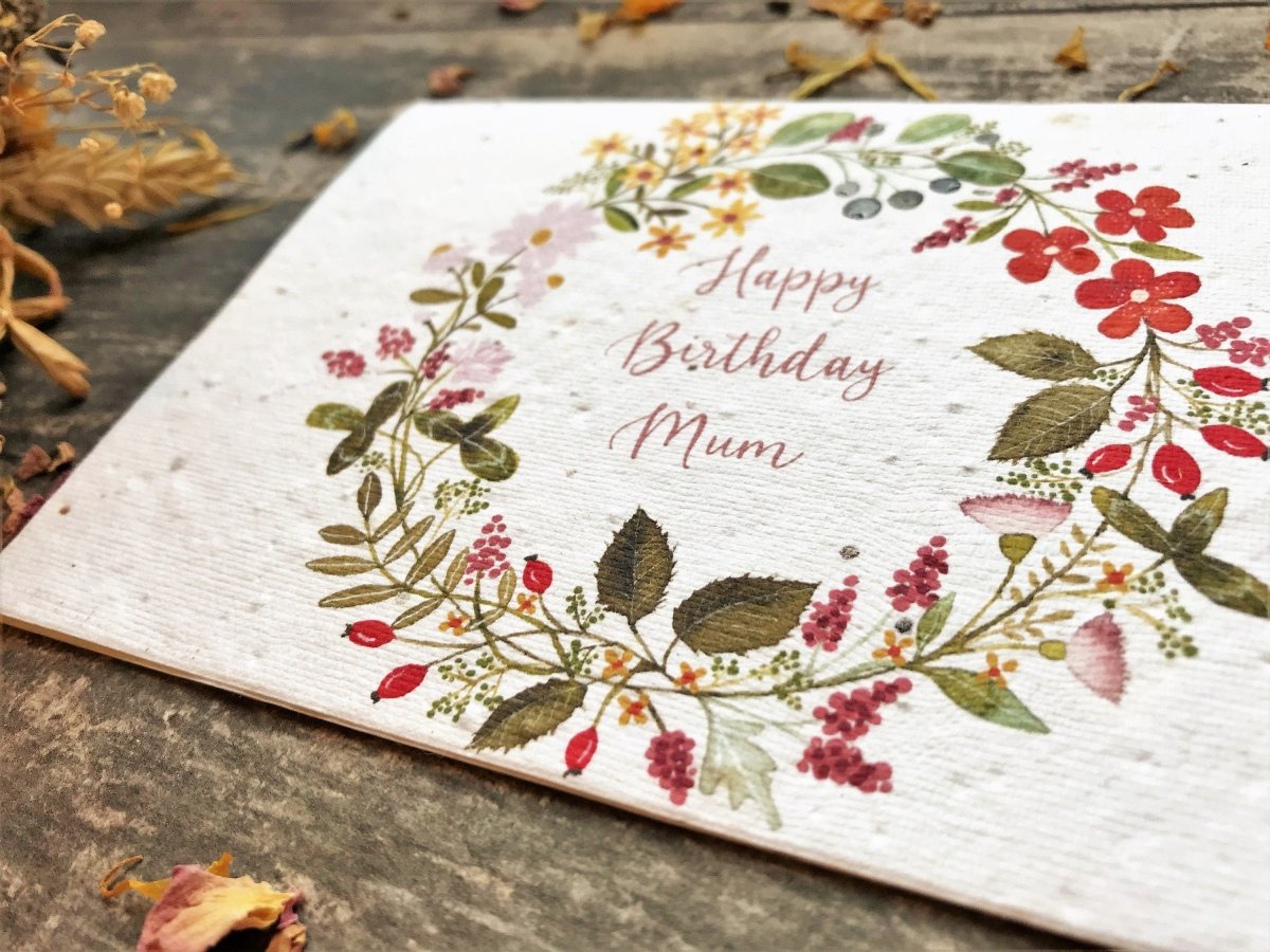 Plantable Seed Paper Birthday Card for Mum: Flower Wreath Design - Erika's Whimsical Art