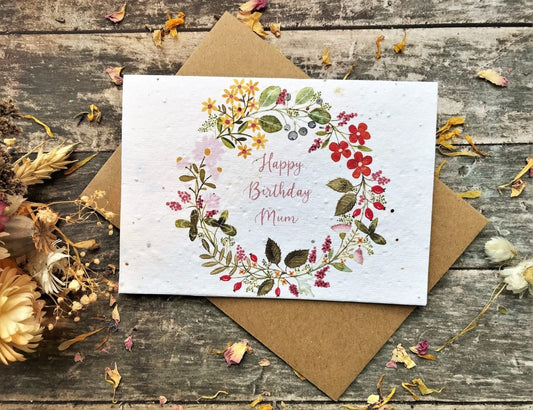Plantable Seed Paper Birthday Card for Mum: Flower Wreath Design - Erika's Whimsical Art