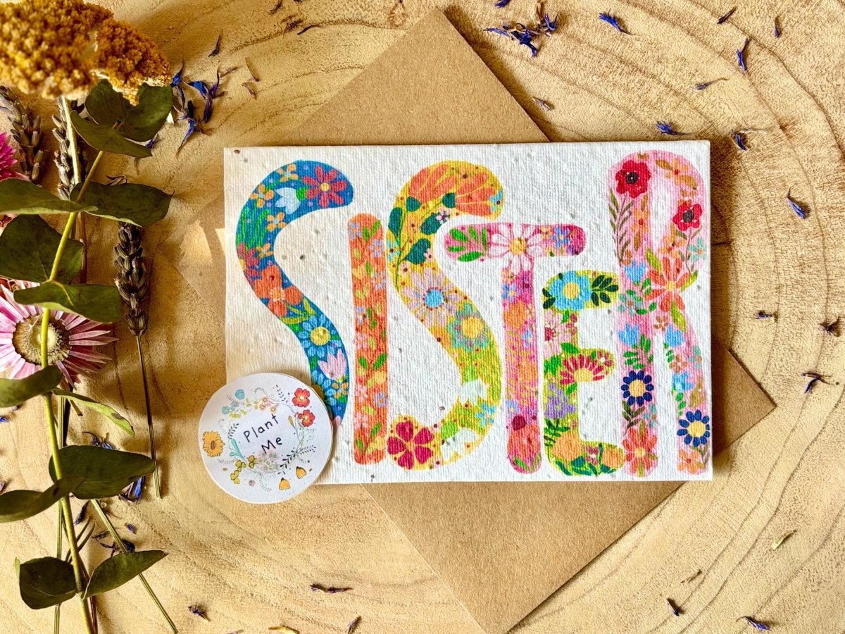 Plantable Seed Paper Birthday Card for Sister: Eco - Friendly Floral Design - Erika's Whimsical Art