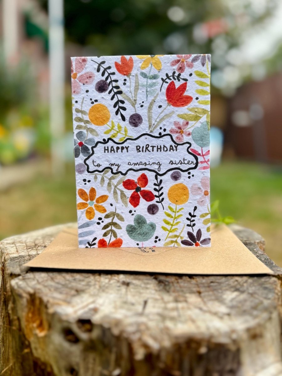 Plantable Seed Paper Birthday Card for Sister: Wildflower Eco Card - Erika's Whimsical Art