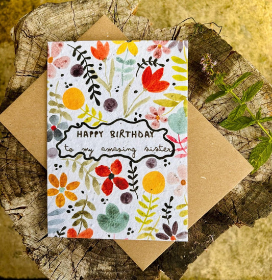 Plantable Seed Paper Birthday Card for Sister: Wildflower Eco Card - Erika's Whimsical Art