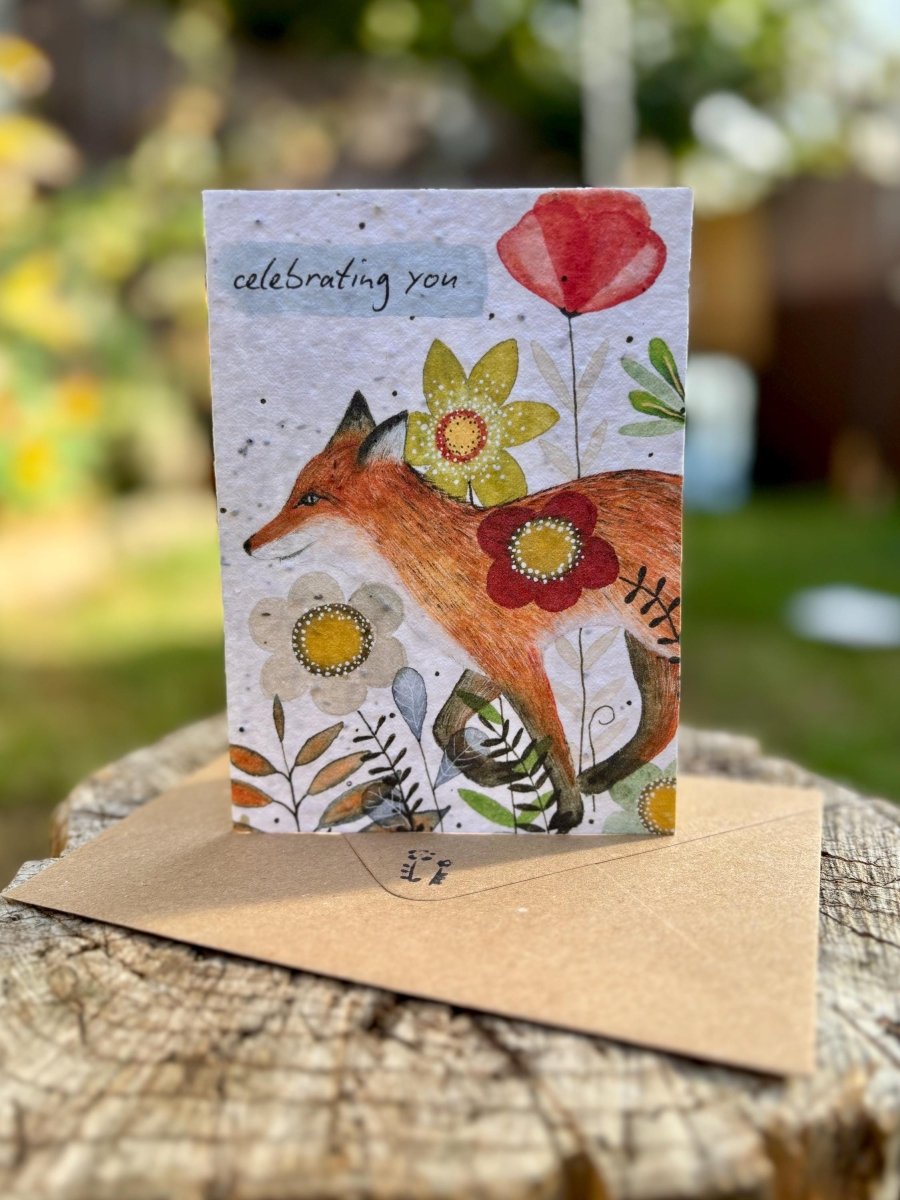 Plantable Seed Paper Birthday Card: Fox & Flowers, Eco - Friendly - Erika's Whimsical Art