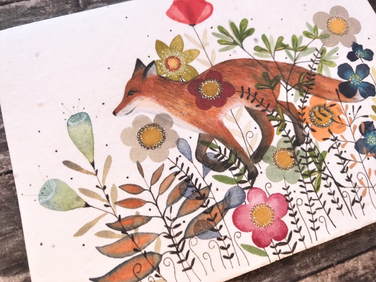 Plantable Seed Paper Birthday Card: Fox & Flowers, Eco - Friendly - Erika's Whimsical Art