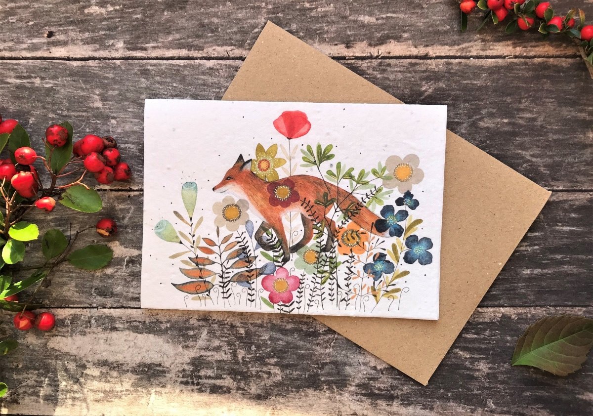 Plantable Seed Paper Birthday Card: Fox & Flowers, Eco - Friendly - Erika's Whimsical Art