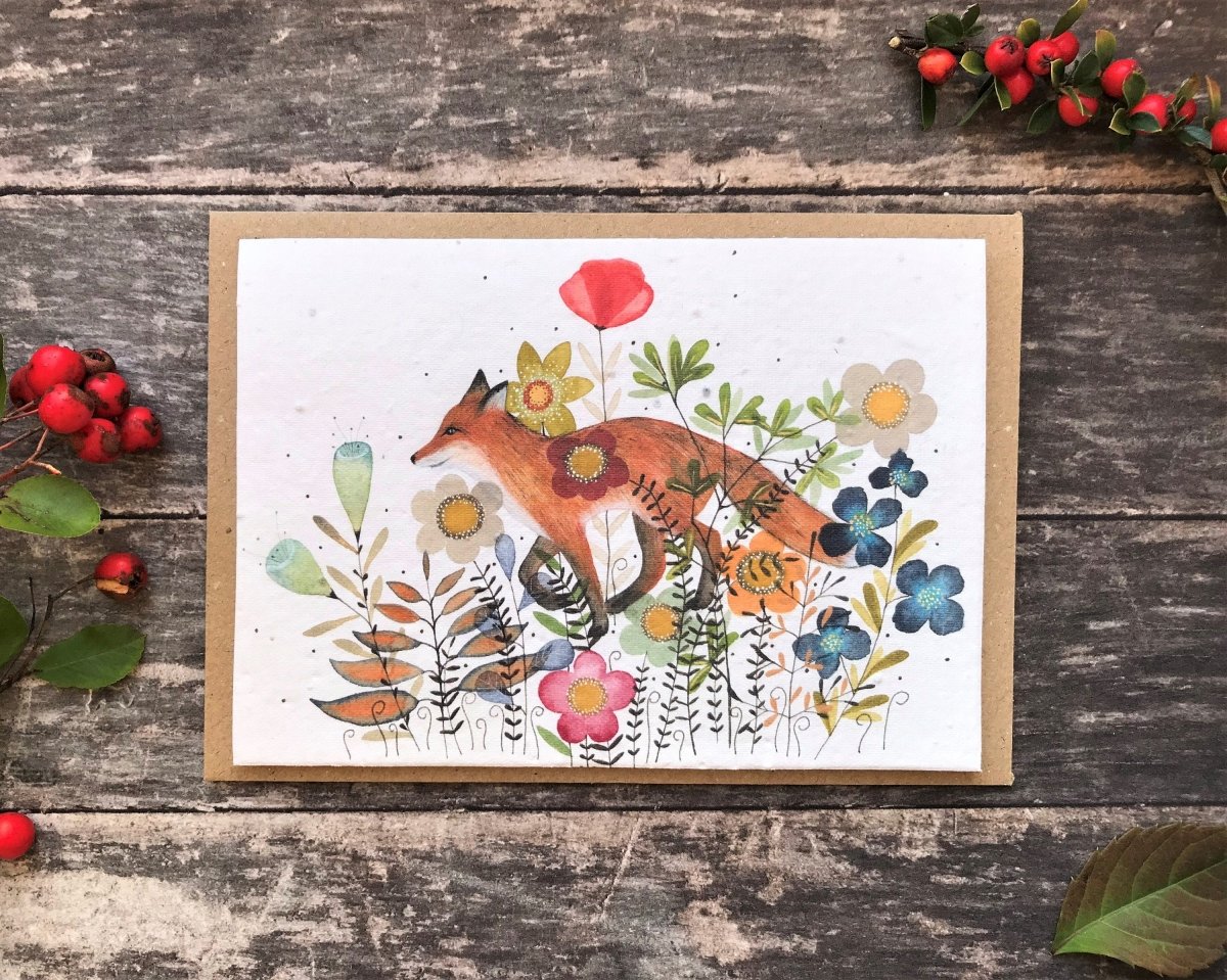 Plantable Seed Paper Birthday Card: Fox & Flowers, Eco - Friendly - Erika's Whimsical Art