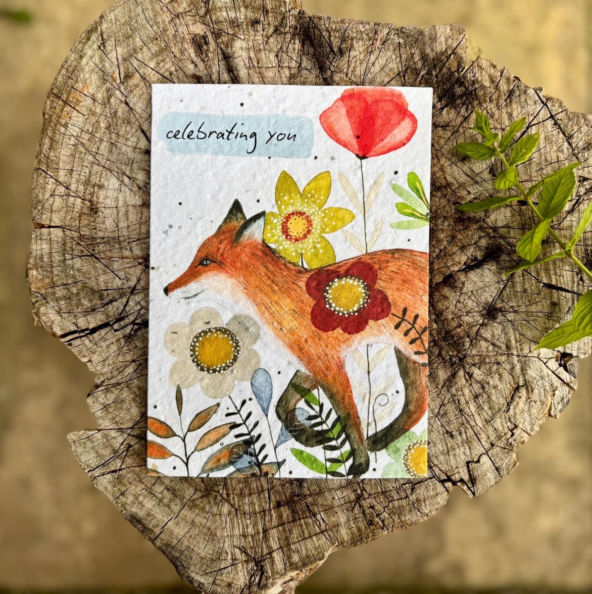 Plantable Seed Paper Birthday Card: Fox & Flowers, Eco - Friendly - Erika's Whimsical Art