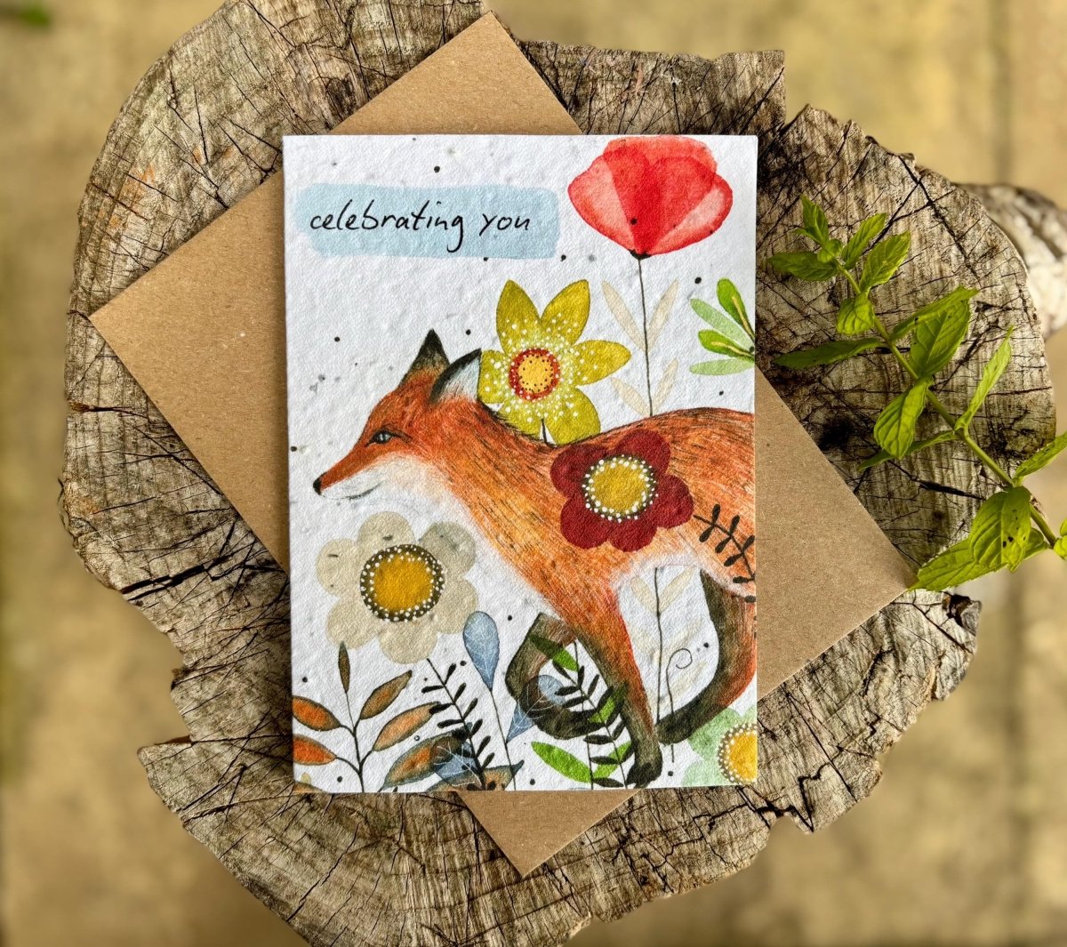 Plantable Seed Paper Birthday Card: Fox & Flowers, Eco - Friendly - Erika's Whimsical Art