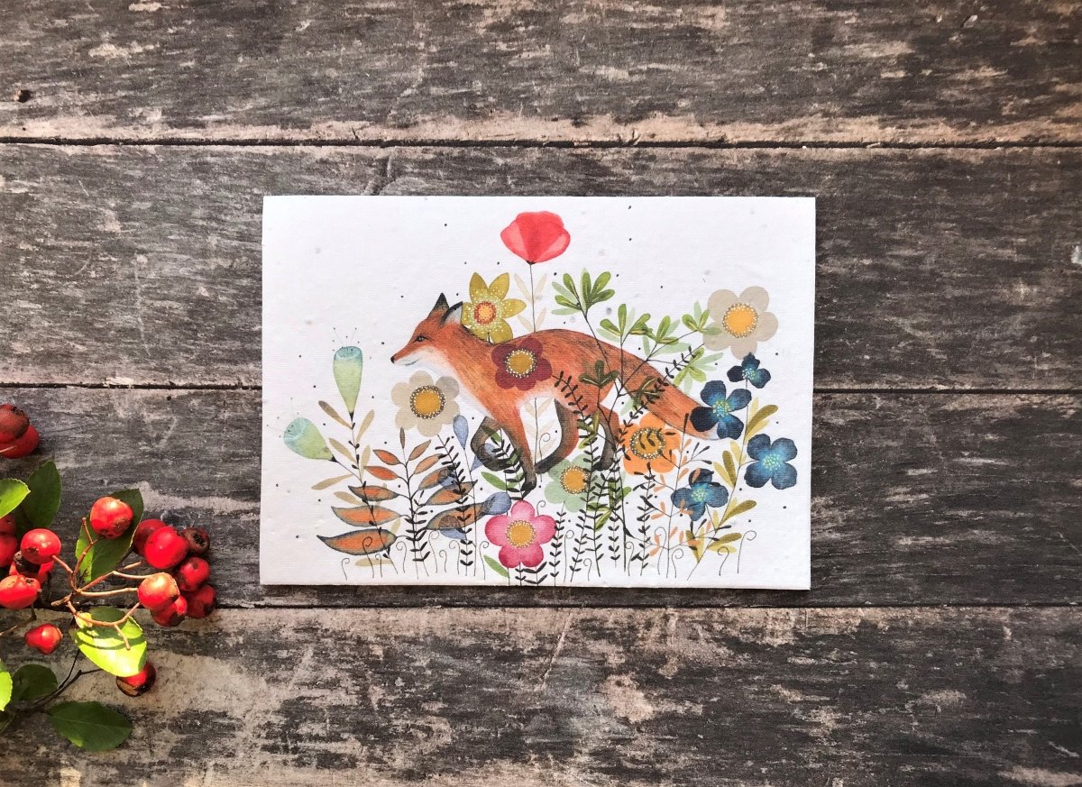 Plantable Seed Paper Birthday Card: Fox & Flowers, Eco - Friendly - Erika's Whimsical Art