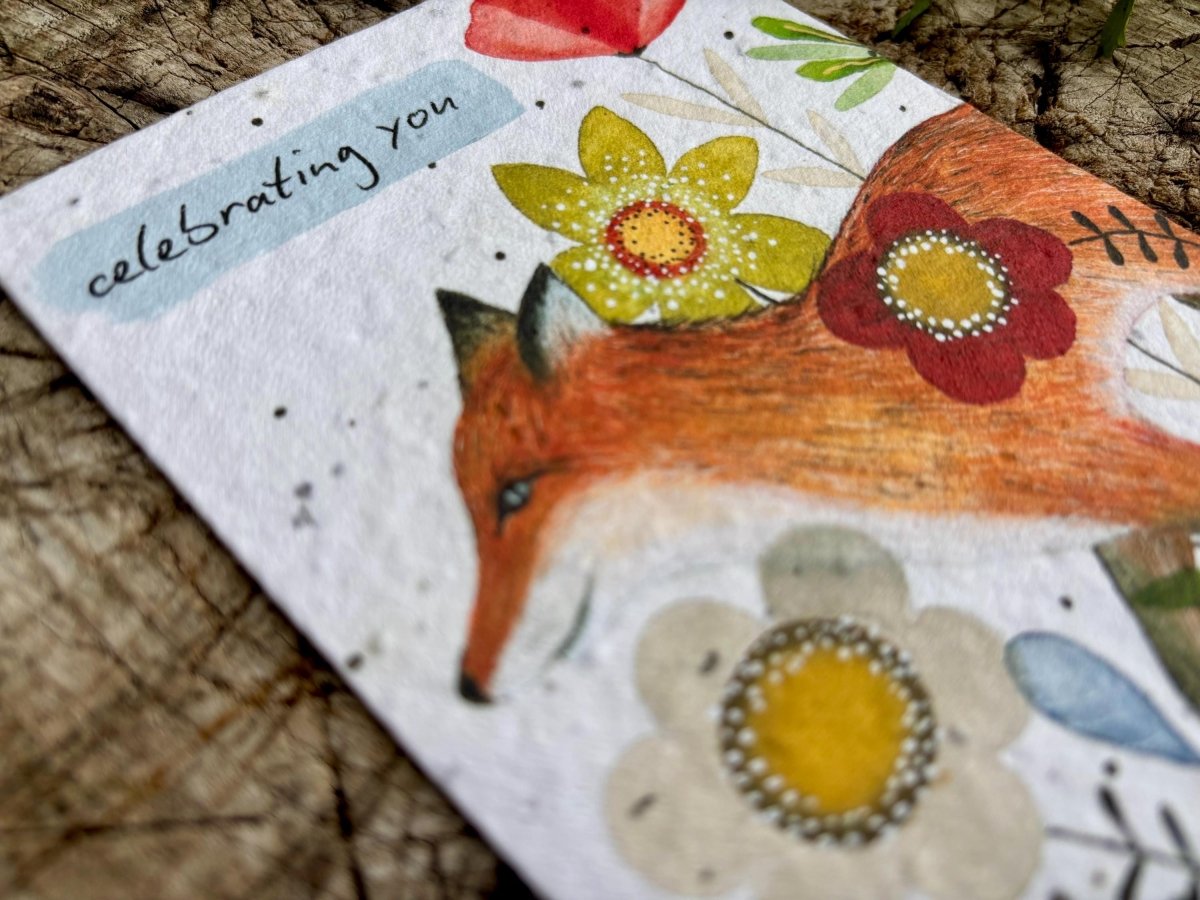 Plantable Seed Paper Birthday Card: Fox & Flowers, Eco - Friendly - Erika's Whimsical Art