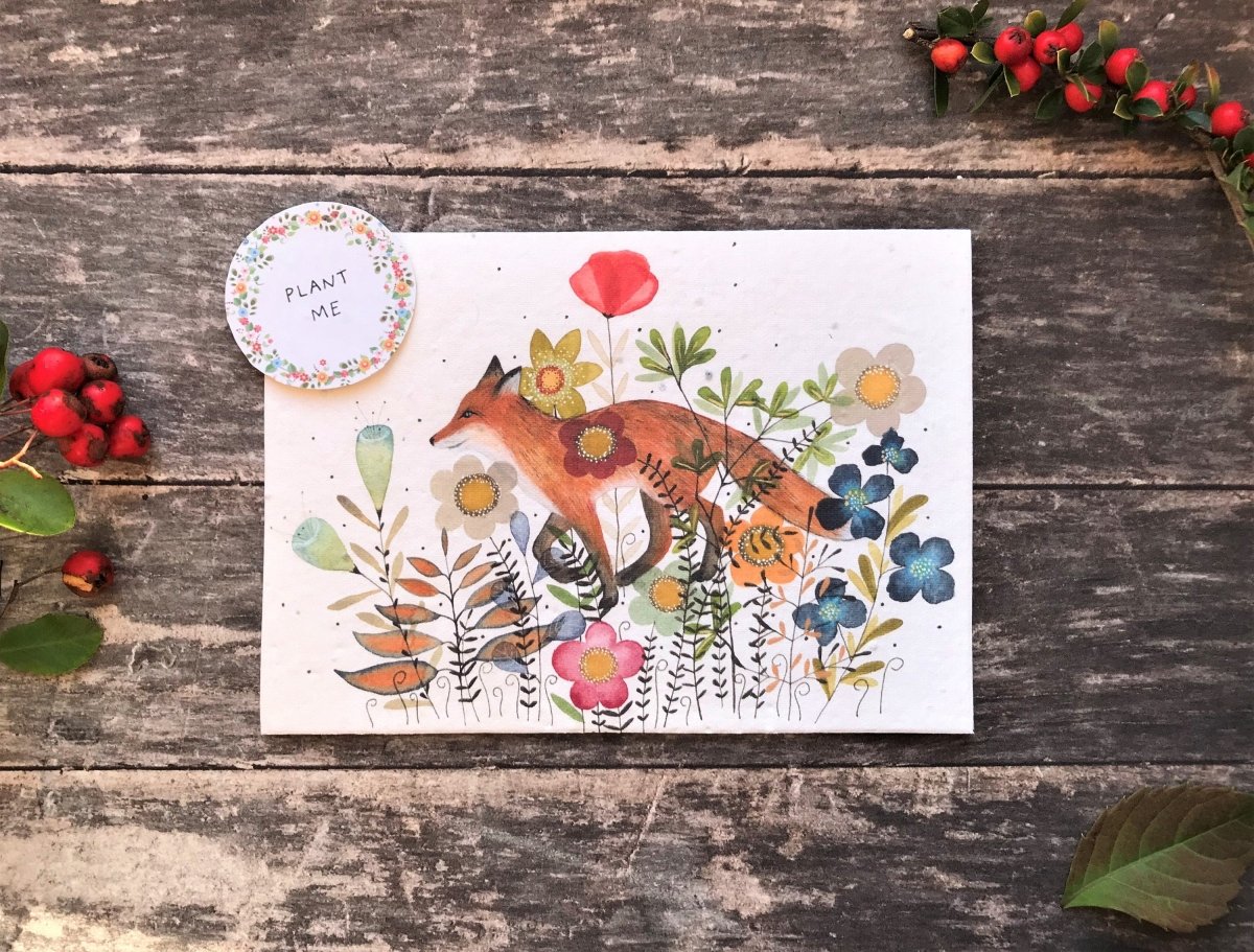 Plantable Seed Paper Birthday Card: Fox & Flowers, Eco - Friendly - Erika's Whimsical Art