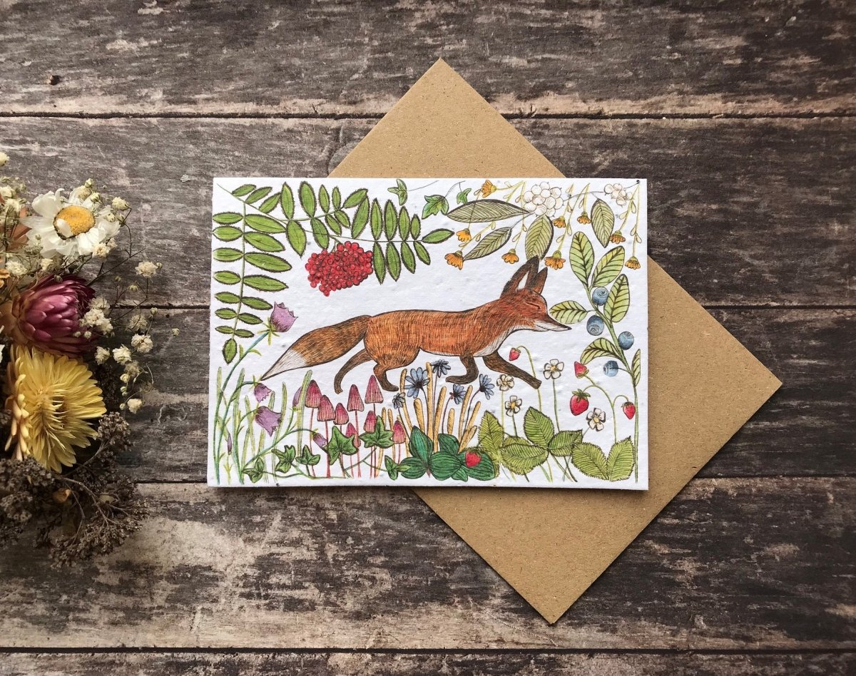 Plantable Seed Paper Birthday Card: Fox & Woodland Flowers - Erika's Whimsical Art
