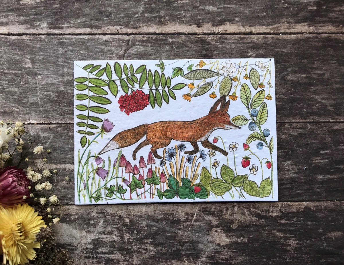 Plantable Seed Paper Birthday Card: Fox & Woodland Flowers - Erika's Whimsical Art
