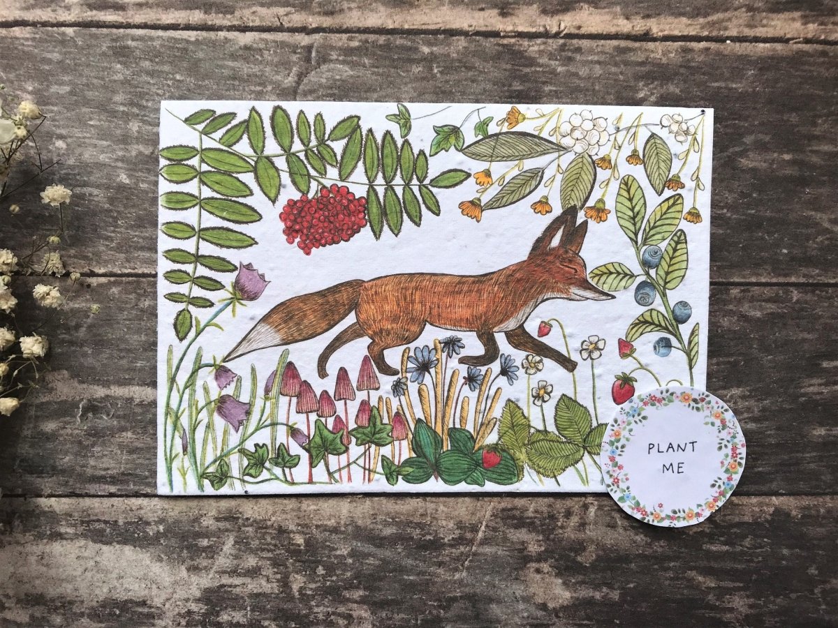 Plantable Seed Paper Birthday Card: Fox & Woodland Flowers - Erika's Whimsical Art