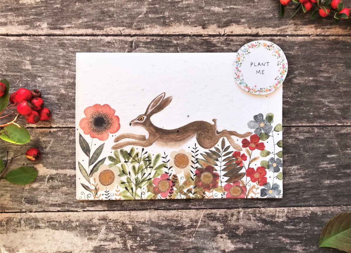 Plantable Seed Paper Birthday Card: Hare & Flowers, Eco - Friendly - Erika's Whimsical Art