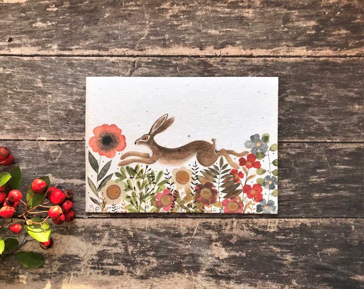 Plantable Seed Paper Birthday Card: Hare & Flowers, Eco - Friendly - Erika's Whimsical Art