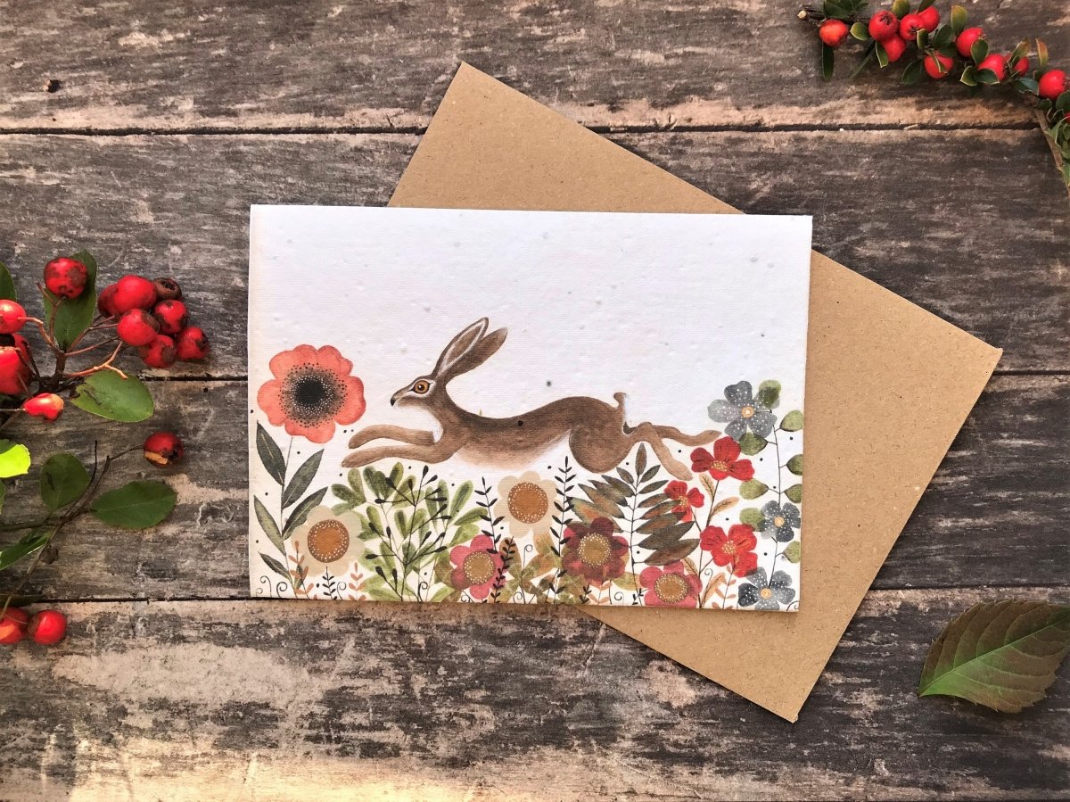 Plantable Seed Paper Birthday Card: Hare & Flowers, Eco - Friendly - Erika's Whimsical Art
