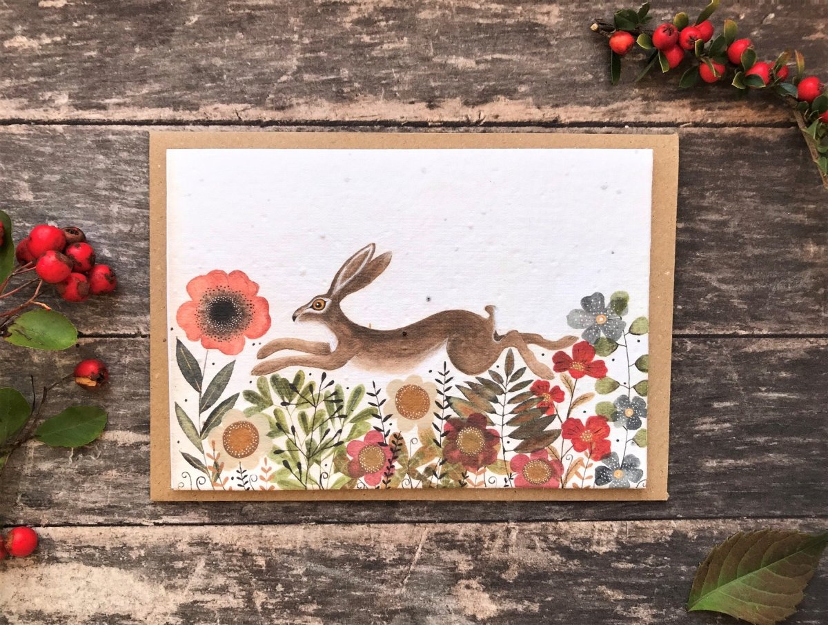 Plantable Seed Paper Birthday Card: Hare & Flowers, Eco - Friendly - Erika's Whimsical Art
