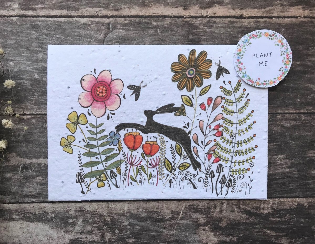 Plantable Seed Paper Birthday Card: Hare & Wildflower Design - Erika's Whimsical Art