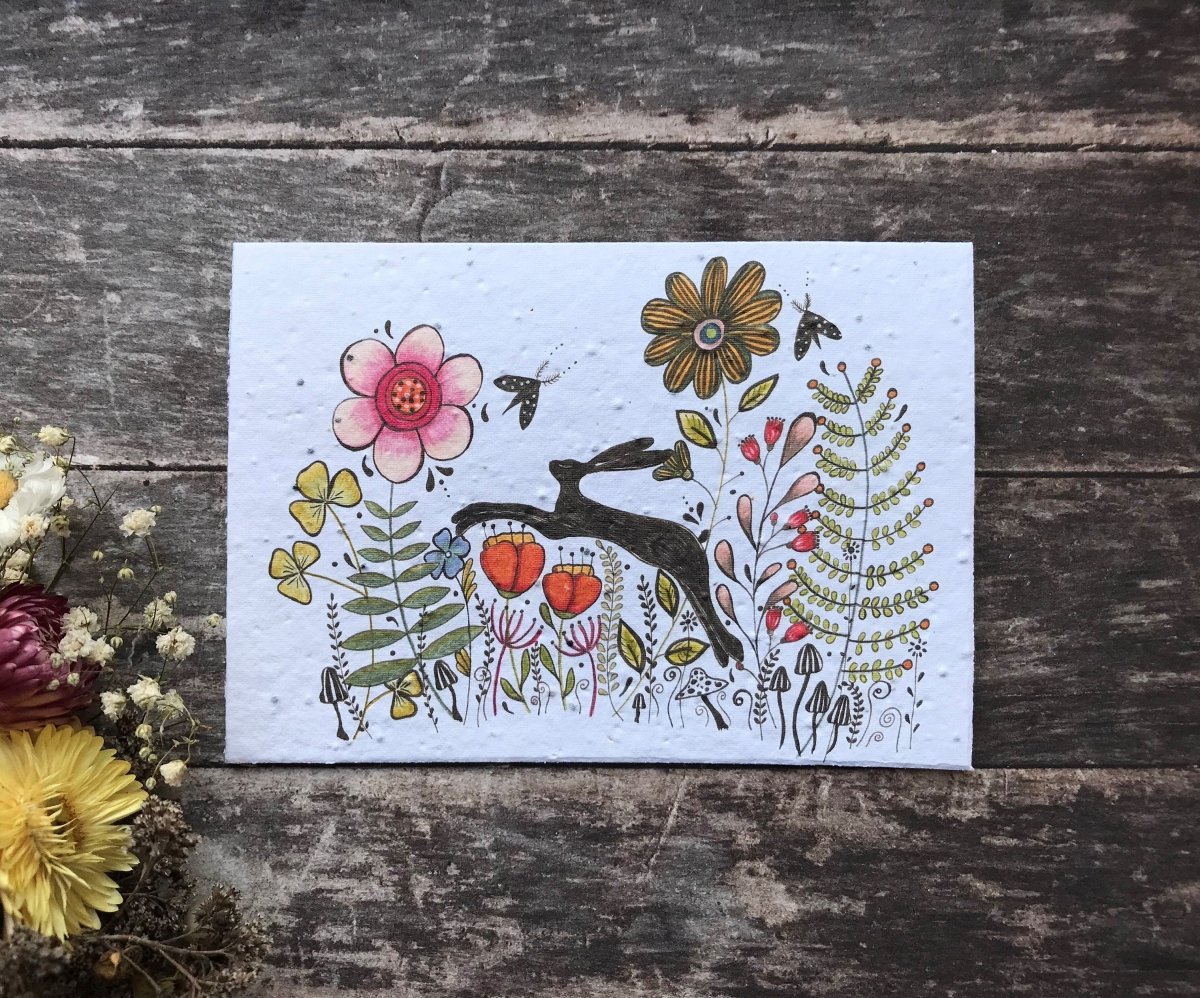 Plantable Seed Paper Birthday Card: Hare & Wildflower Design - Erika's Whimsical Art