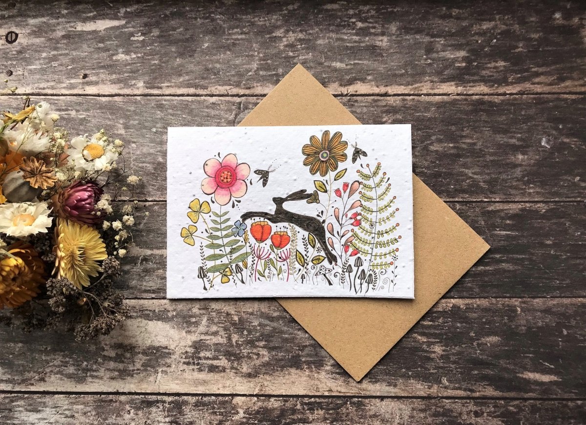 Plantable Seed Paper Birthday Card: Hare & Wildflower Design - Erika's Whimsical Art