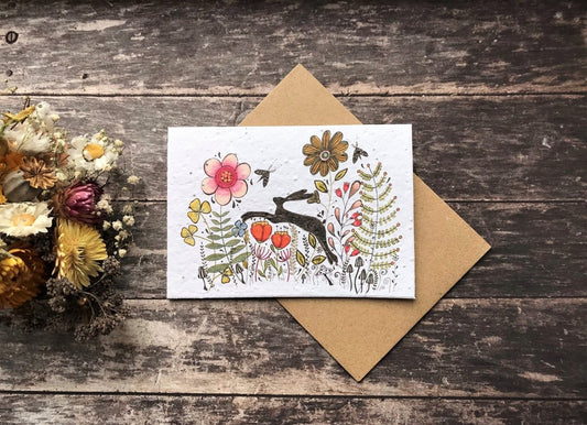 Plantable Seed Paper Birthday Card: Hare & Wildflower Design - Erika's Whimsical Art