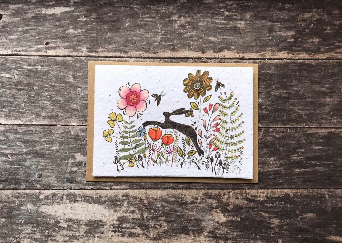 Plantable Seed Paper Birthday Card: Hare & Wildflower Design - Erika's Whimsical Art