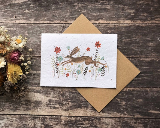 Plantable Seed Paper Birthday Card: Hare & Wildflowers - Erika's Whimsical Art