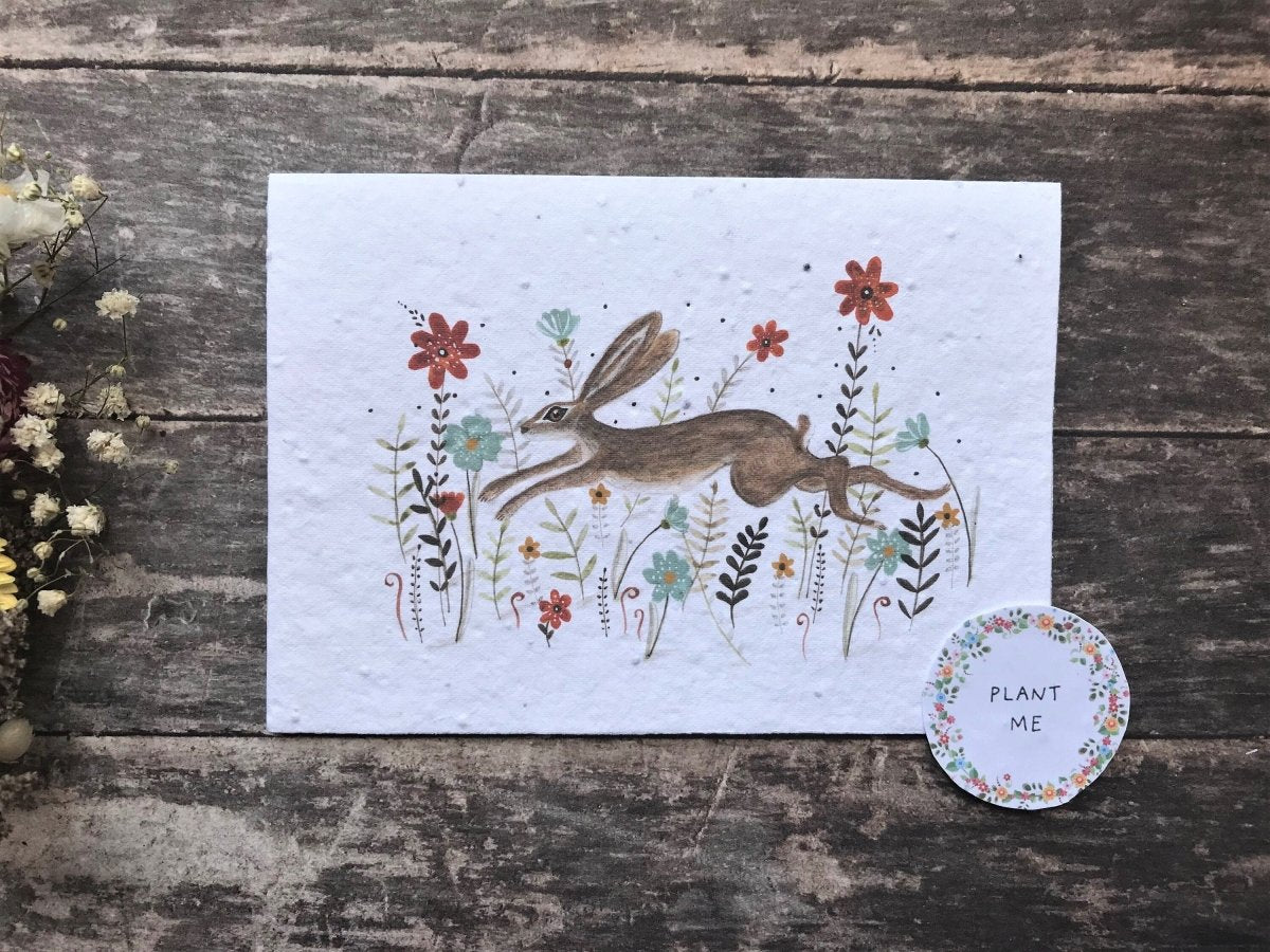 Plantable Seed Paper Birthday Card: Hare & Wildflowers - Erika's Whimsical Art