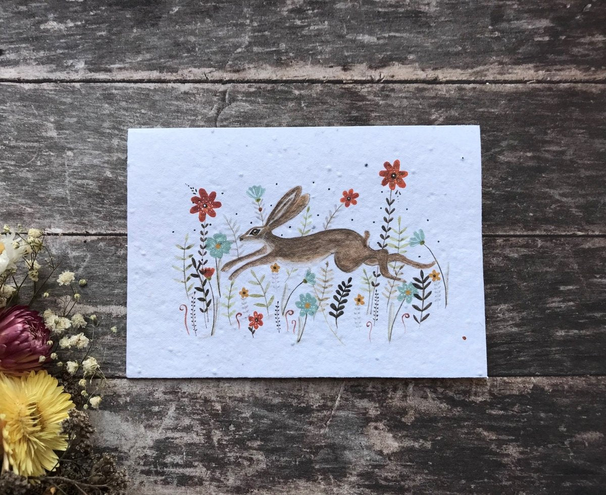 Plantable Seed Paper Birthday Card: Hare & Wildflowers - Erika's Whimsical Art
