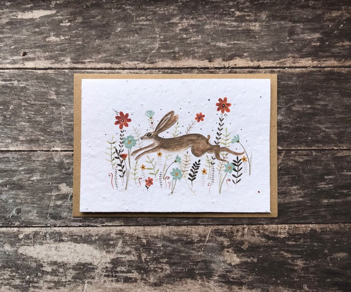Plantable Seed Paper Birthday Card: Hare & Wildflowers - Erika's Whimsical Art