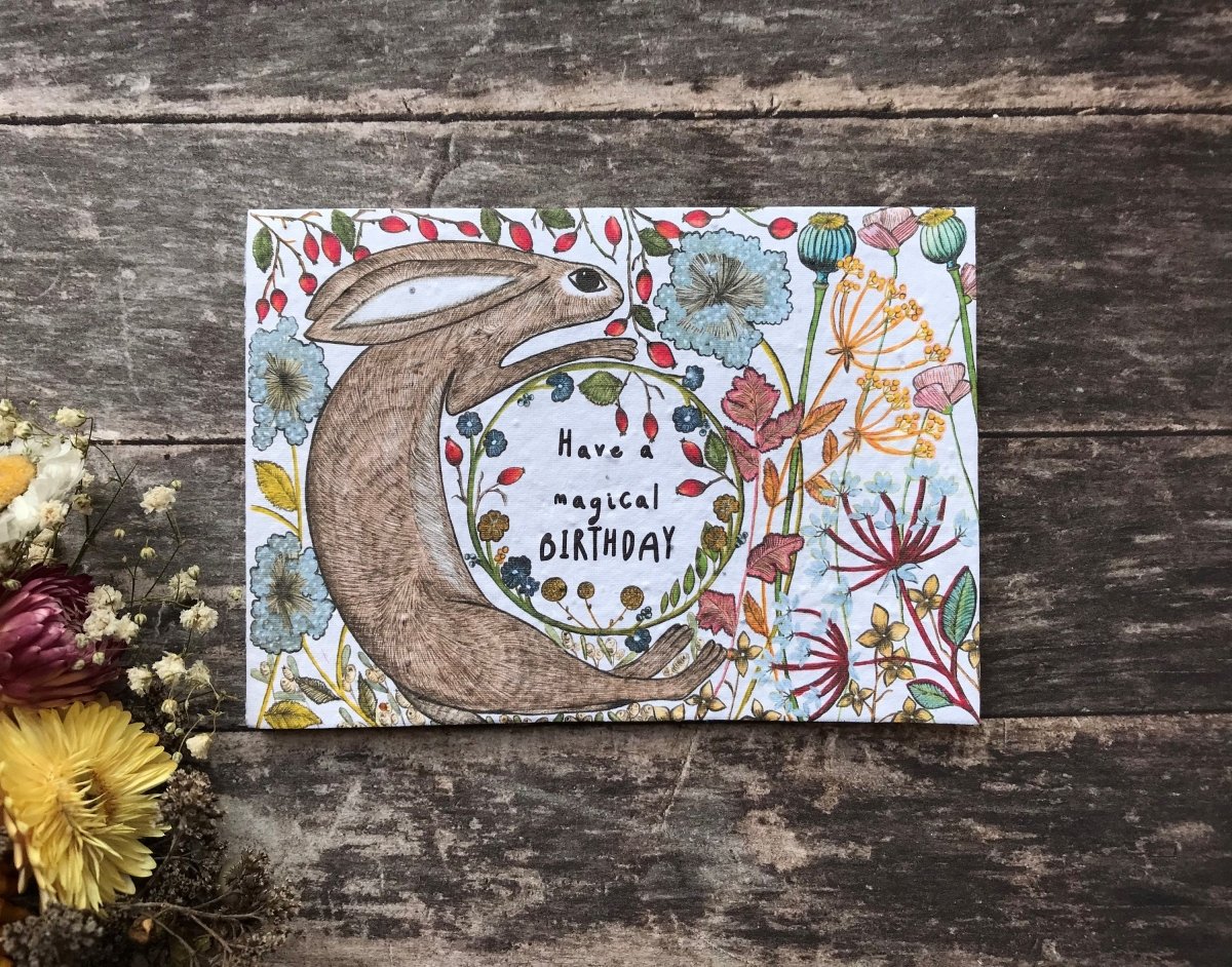 Plantable Seed Paper Birthday Card: Hare & Woodland Flowers - Erika's Whimsical Art