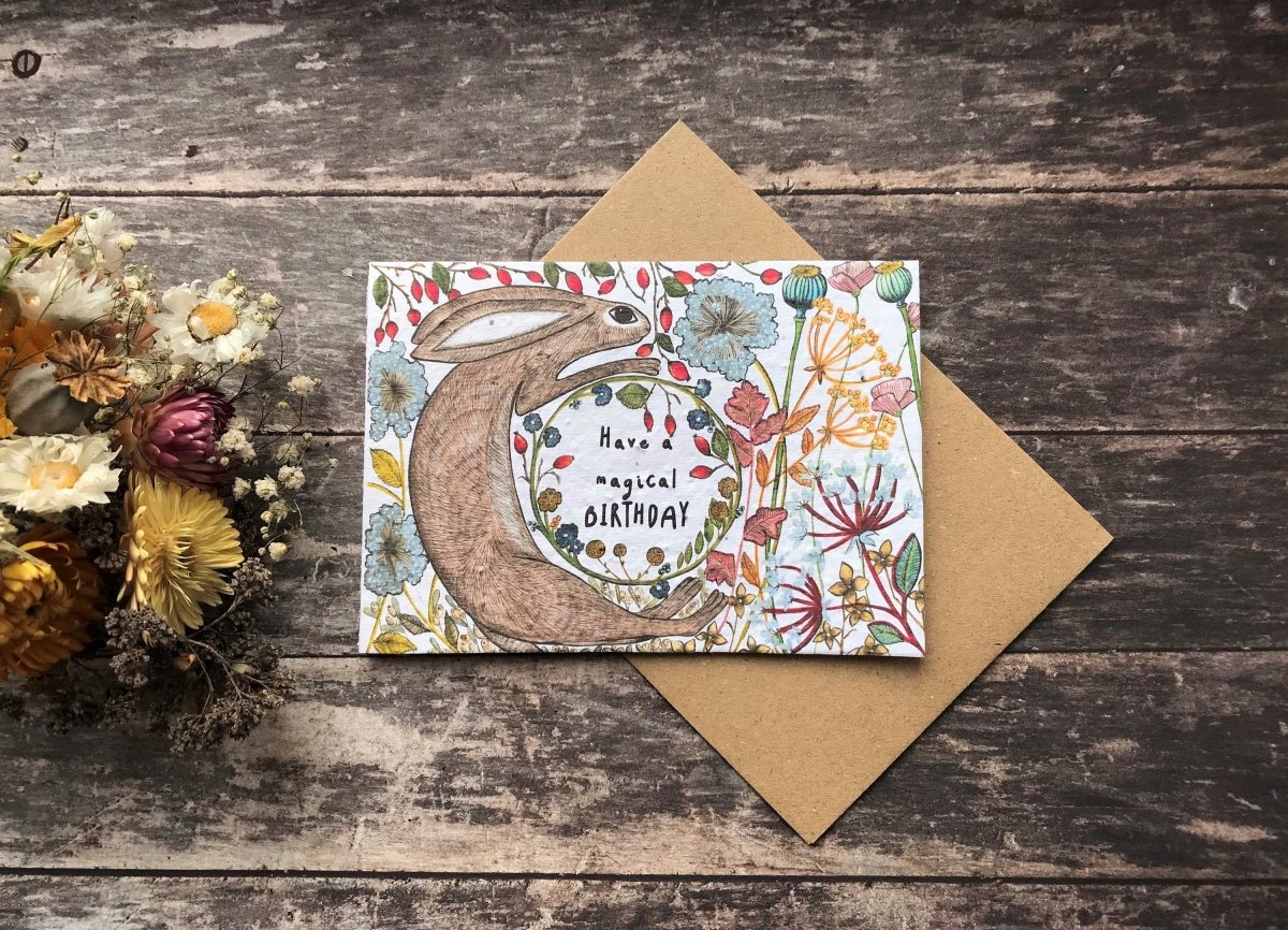 Plantable Seed Paper Birthday Card: Hare & Woodland Flowers - Erika's Whimsical Art