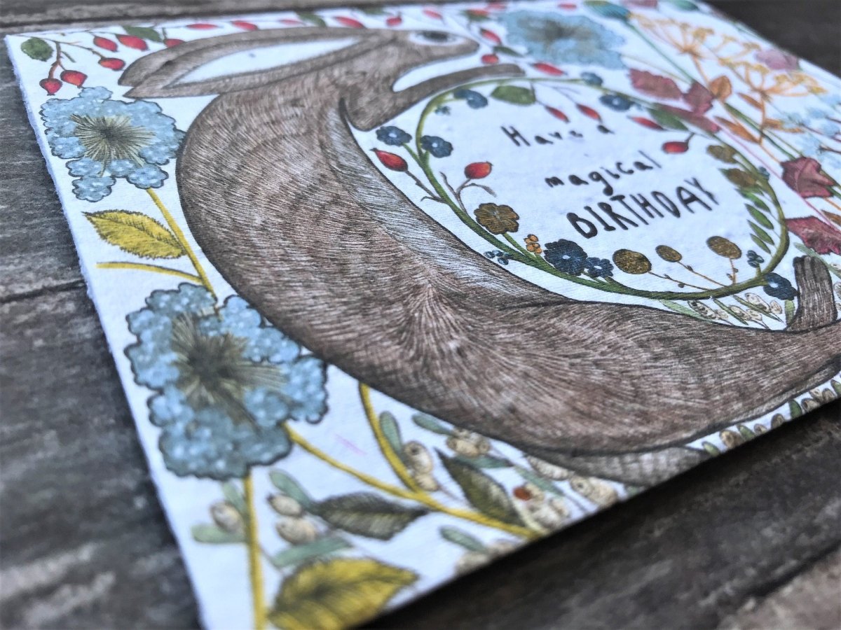 Plantable Seed Paper Birthday Card: Hare & Woodland Flowers - Erika's Whimsical Art