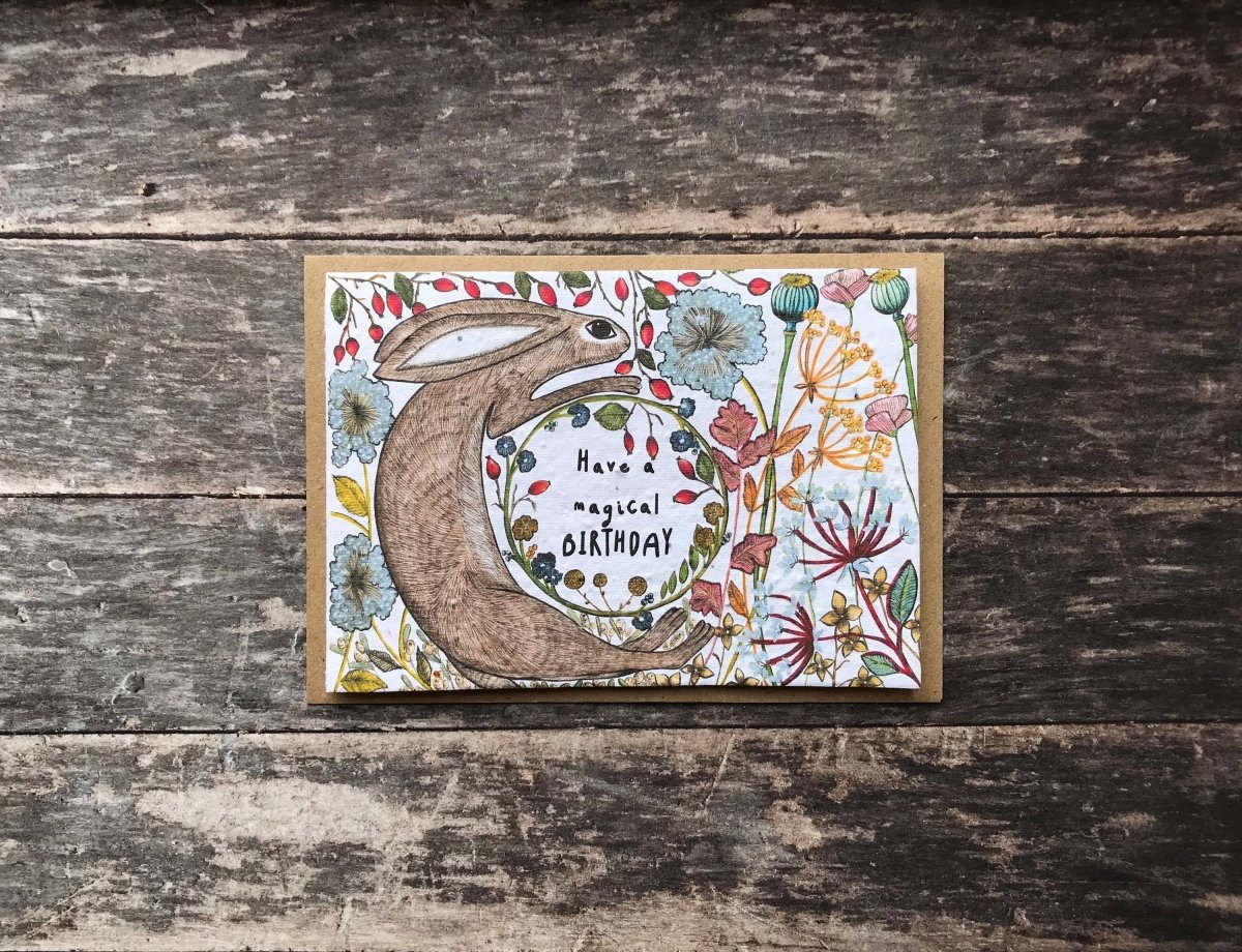 Plantable Seed Paper Birthday Card: Hare & Woodland Flowers - Erika's Whimsical Art