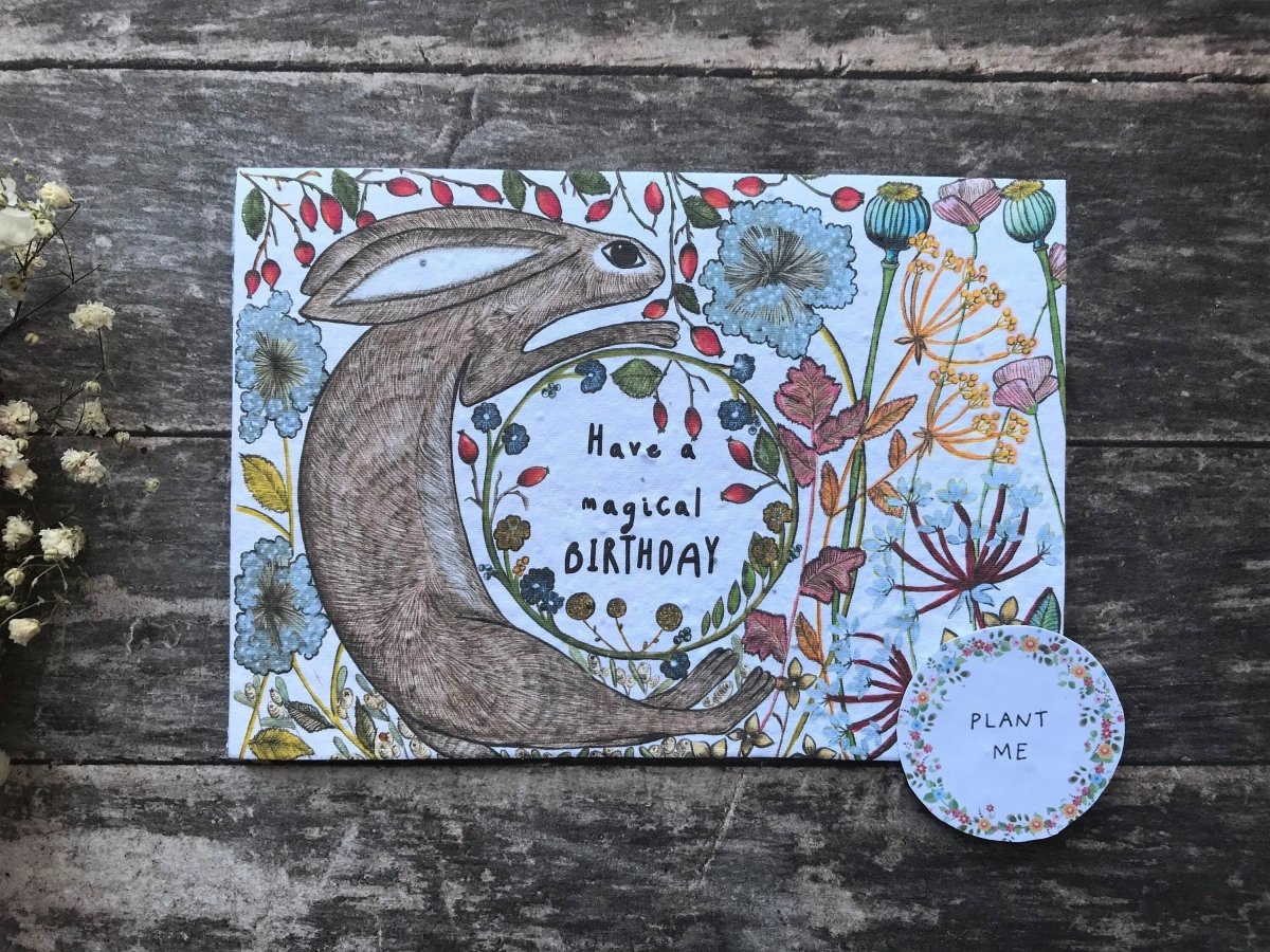 Plantable Seed Paper Birthday Card: Hare & Woodland Flowers - Erika's Whimsical Art
