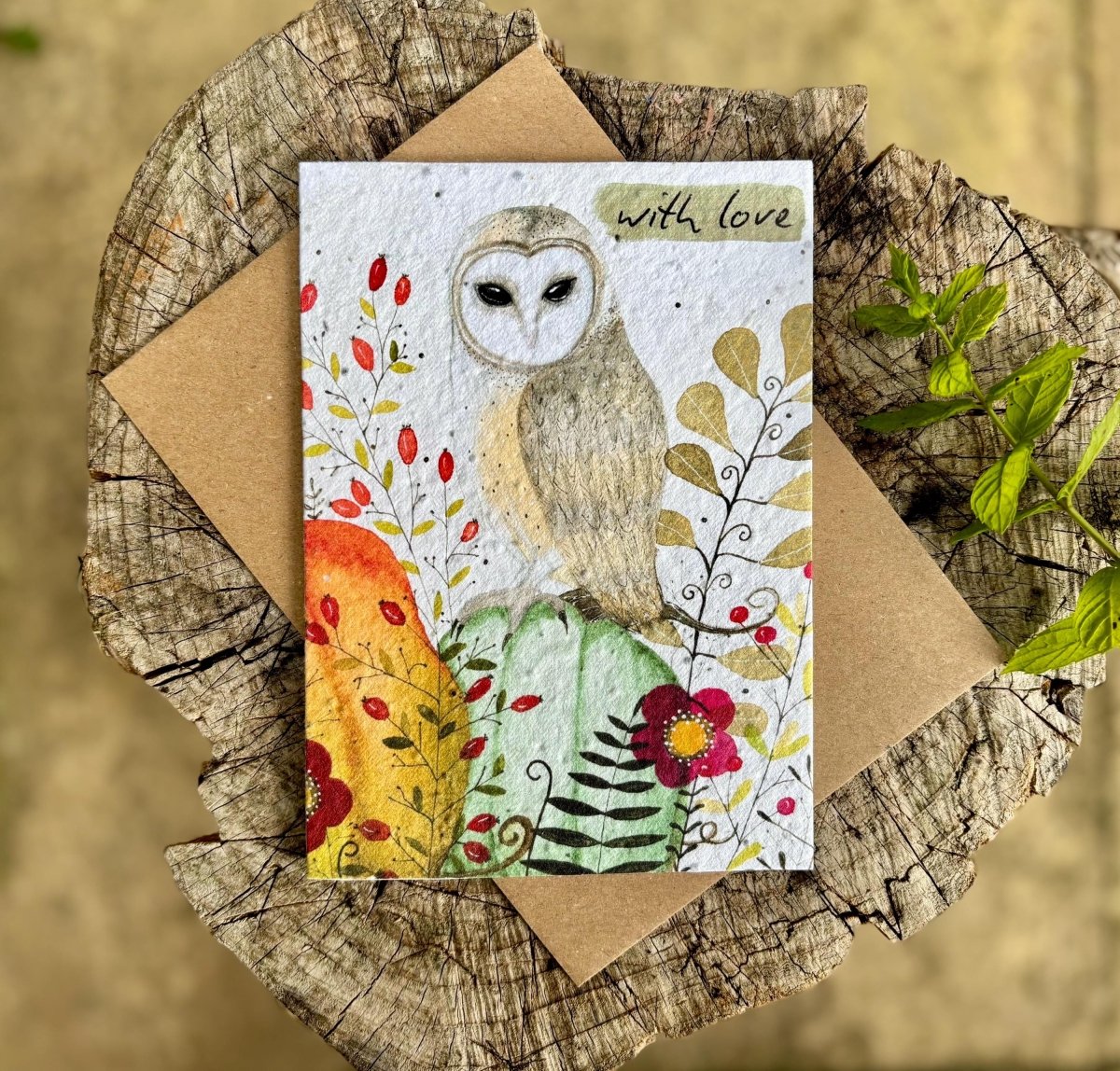 Plantable Seed Paper Birthday Card: Owl Autumn Design - Erika's Whimsical Art