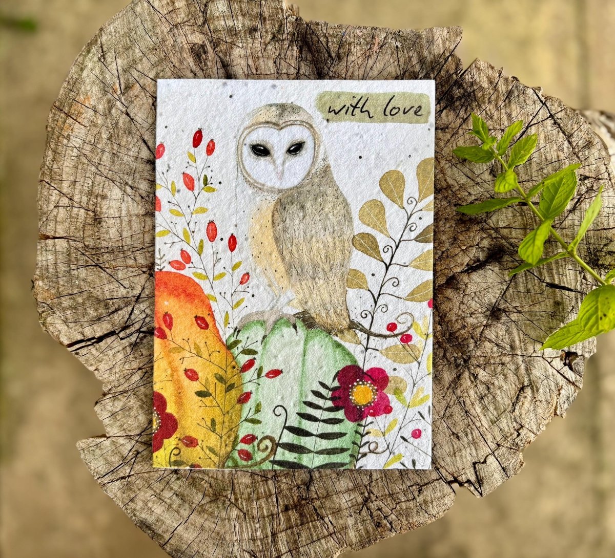Plantable Seed Paper Birthday Card: Owl Autumn Design - Erika's Whimsical Art