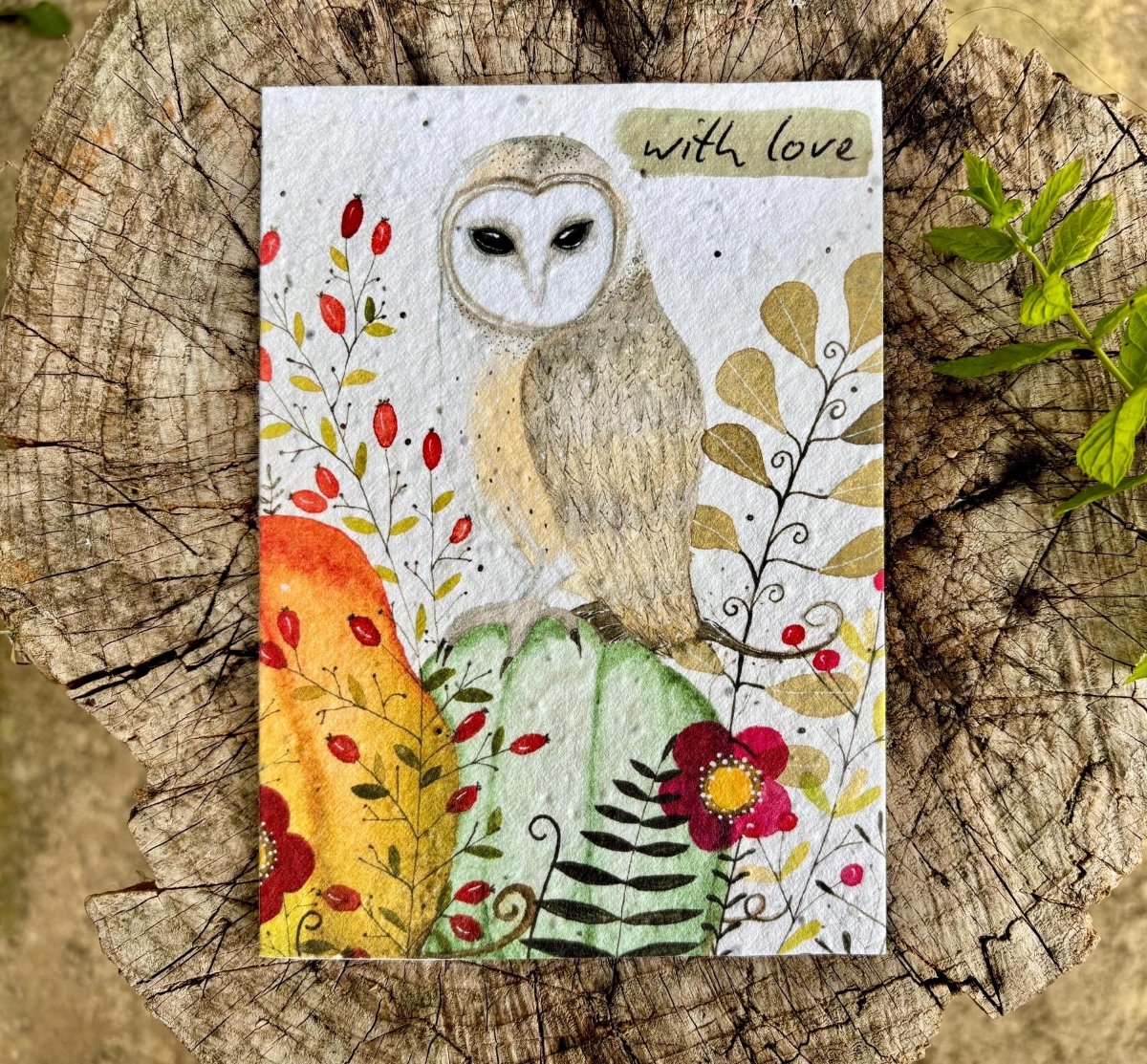 Plantable Seed Paper Birthday Card: Owl Autumn Design - Erika's Whimsical Art