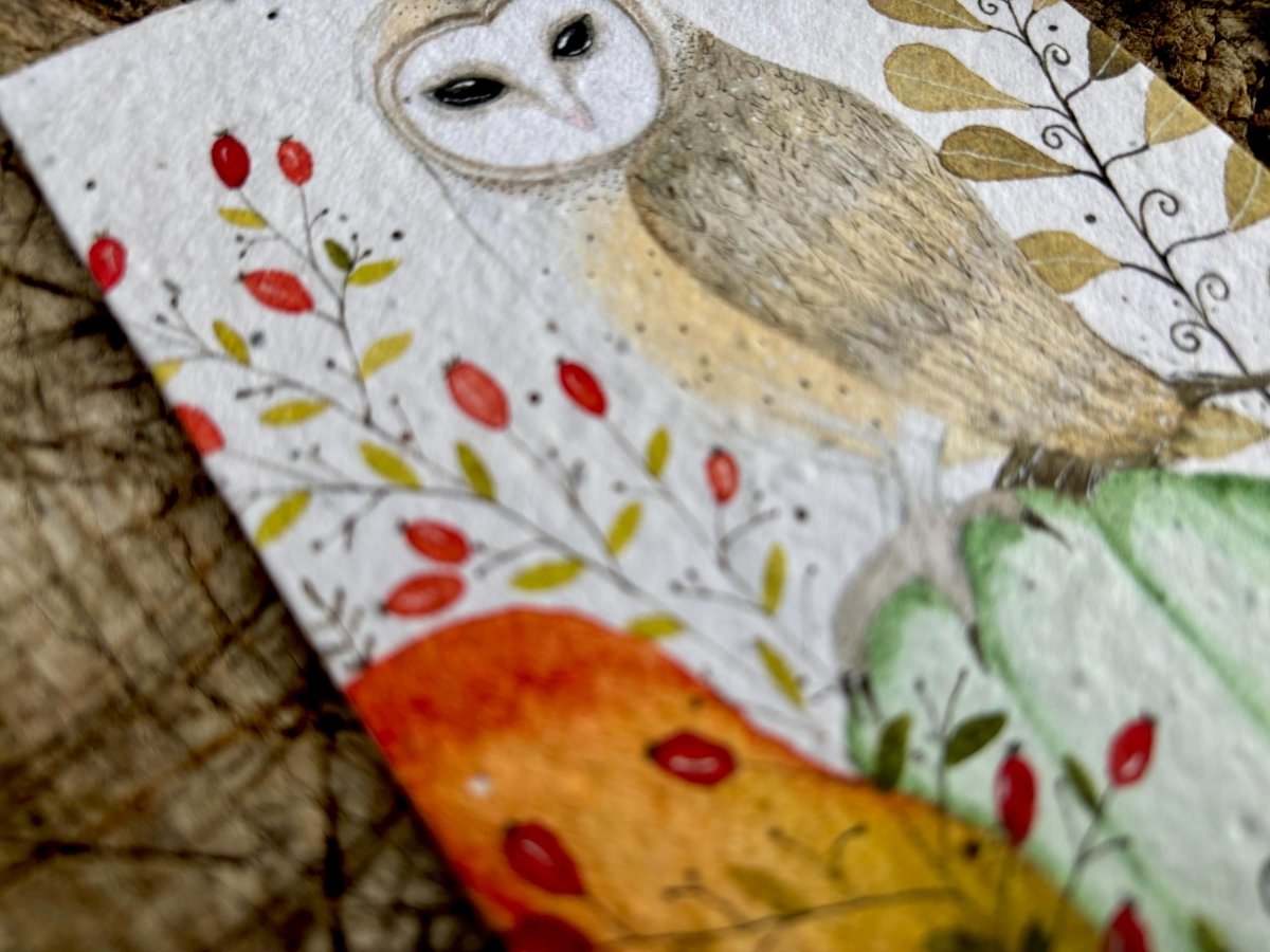 Plantable Seed Paper Birthday Card: Owl Autumn Design - Erika's Whimsical Art