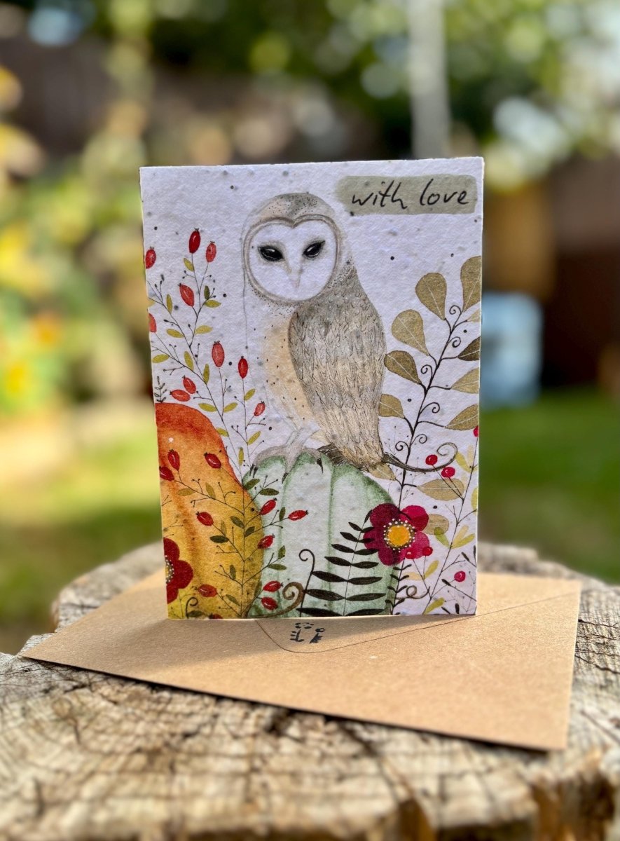 Plantable Seed Paper Birthday Card: Owl Autumn Design - Erika's Whimsical Art