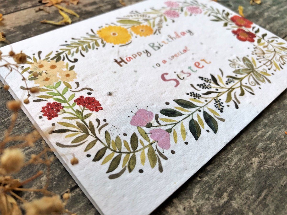 Plantable Seed Paper Birthday Card: Sister, Wildflower Seeds - Erika's Whimsical Art