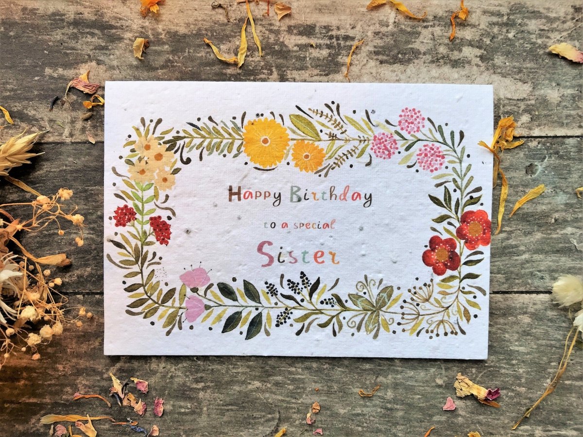 Plantable Seed Paper Birthday Card: Sister, Wildflower Seeds - Erika's Whimsical Art