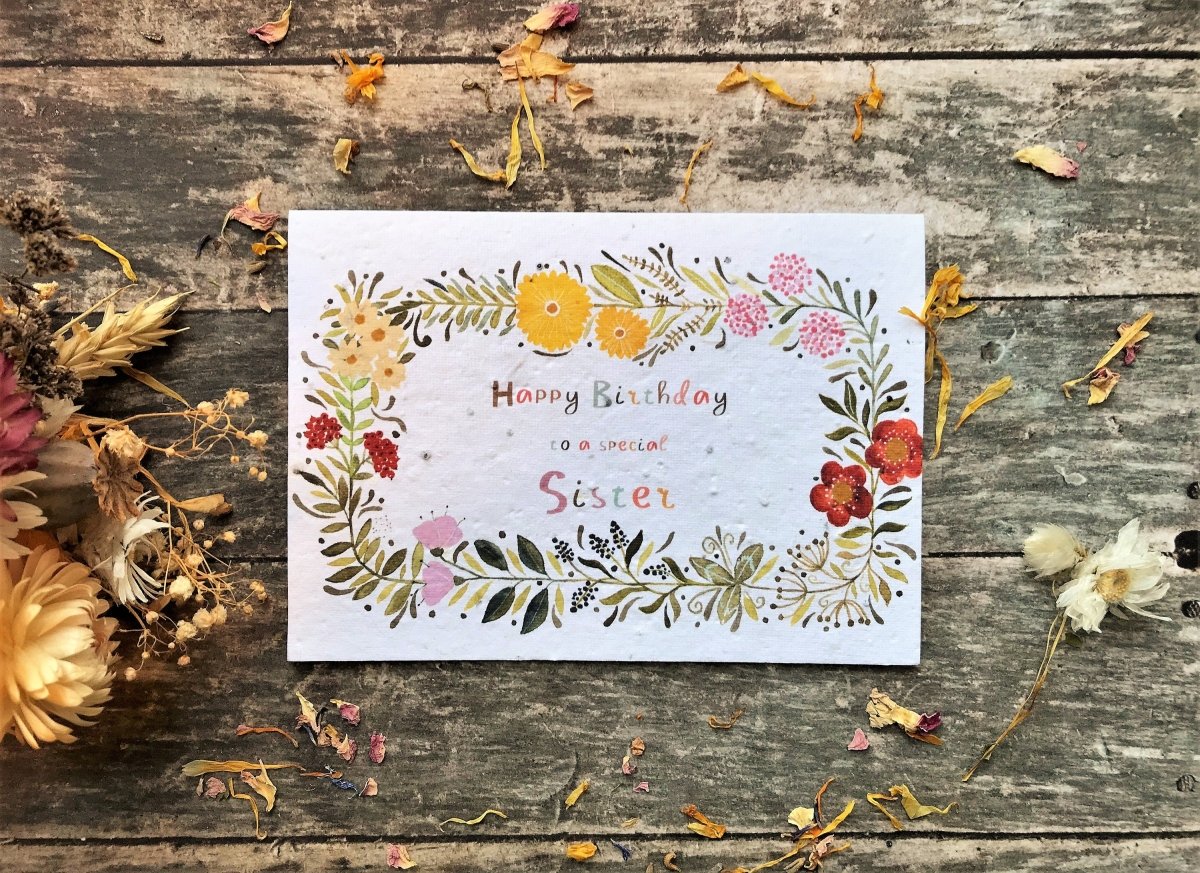 Plantable Seed Paper Birthday Card: Sister, Wildflower Seeds - Erika's Whimsical Art