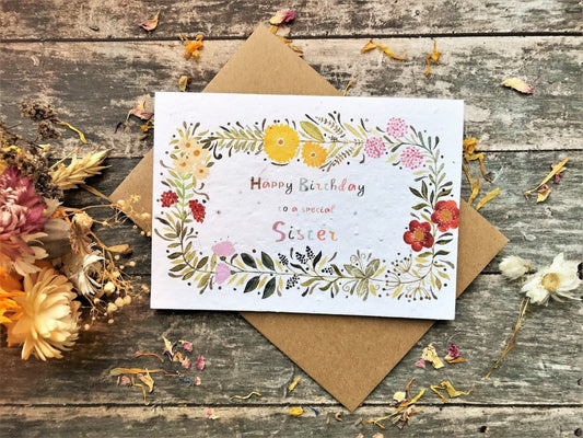 Plantable Seed Paper Birthday Card: Sister, Wildflower Seeds - Erika's Whimsical Art
