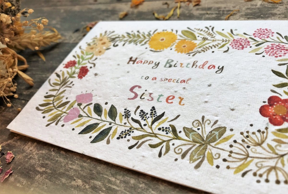Plantable Seed Paper Birthday Card: Sister, Wildflower Seeds - Erika's Whimsical Art
