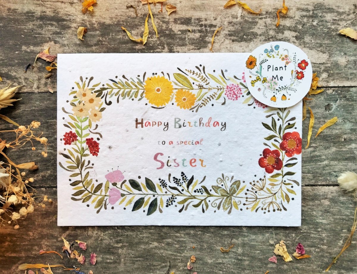Plantable Seed Paper Birthday Card: Sister, Wildflower Seeds - Erika's Whimsical Art